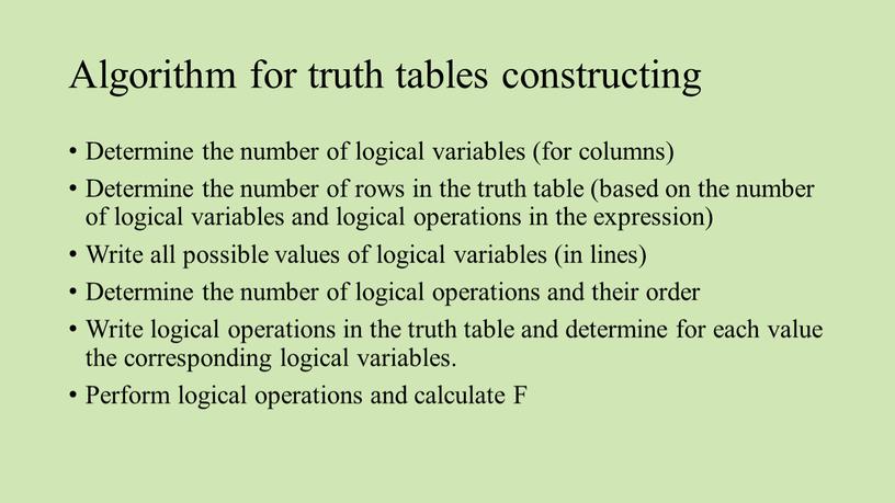 Algorithm for truth tables constructing