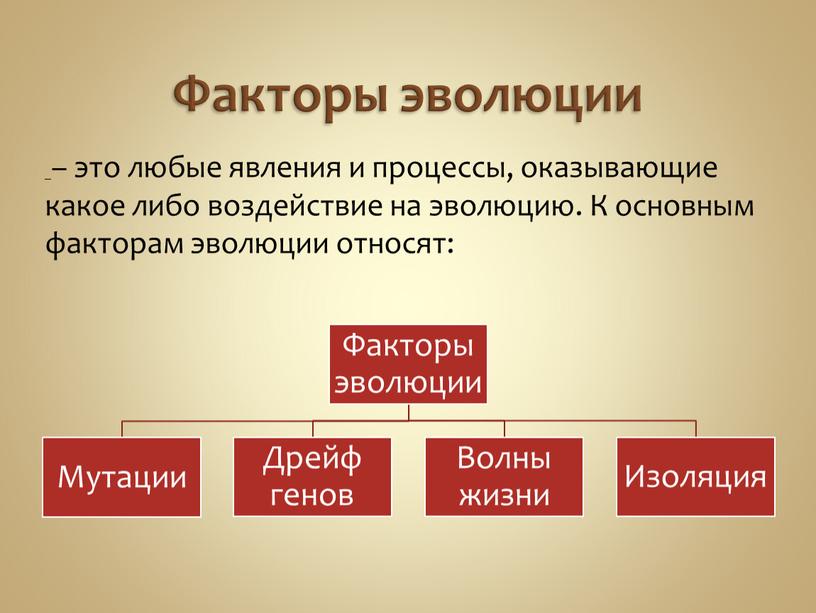 Факторы эволюции – это любые явления и процессы, оказывающие какое либо воздействие на эволюцию