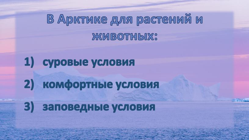 В Арктике для растений и животных: суровые условия комфортные условия заповедные условия