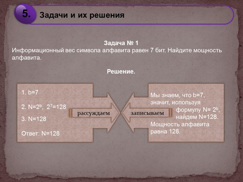 Задача № 1 Информационный вес символа алфавита равен 7 бит