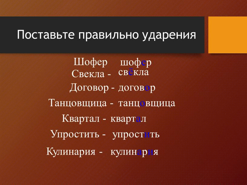 Поставьте правильно ударения Шофер шофер