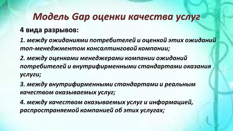 Модель Gap оценки качества услуг 4 вида разрывов: 1