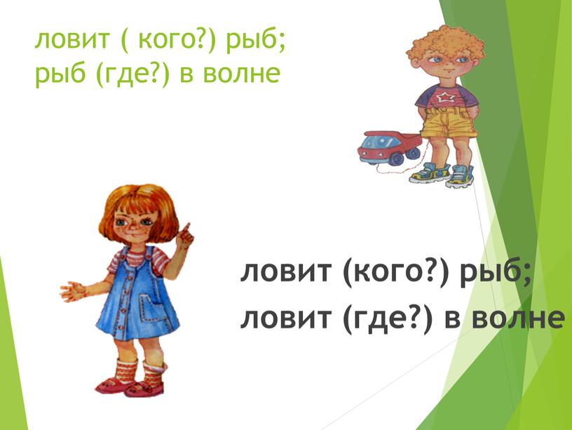 ловит ( кого?) рыб; рыб (где?) в волне ловит (кого?) рыб; ловит (где?) в волне