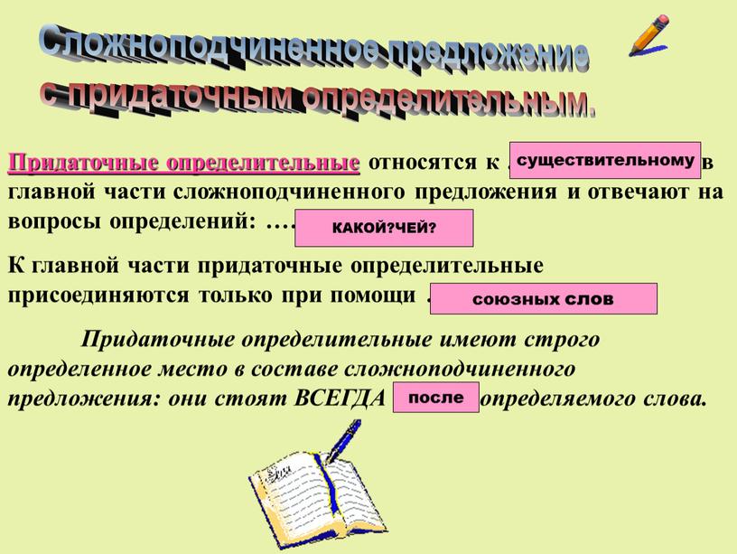 Придаточные определительные относятся к ……………………в главной части сложноподчиненного предложения и отвечают на вопросы определений: …………