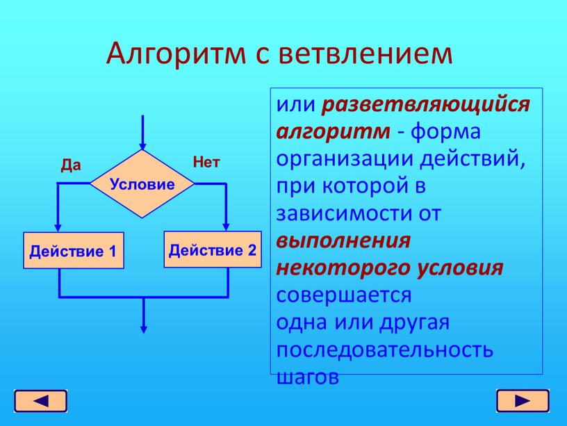Алгоритм с ветвлением или разветвляющийся алгоритм - форма организации действий, при которой в зависимости от выполнения некоторого условия совершается одна или другая последовательность шагов