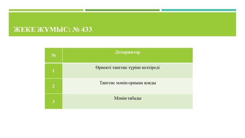 Жеке жұмыс: № 433 № Дескриптор 1 Өрнекті тангенс түріне келтіреді 2