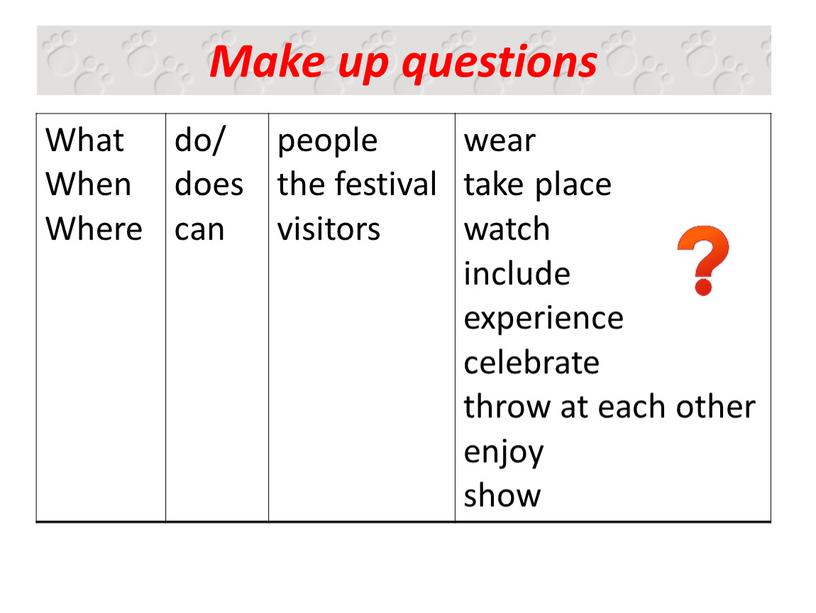 What When Where do/ does can people the festival visitors wear take place watch include experience celebrate throw at each other enjoy show