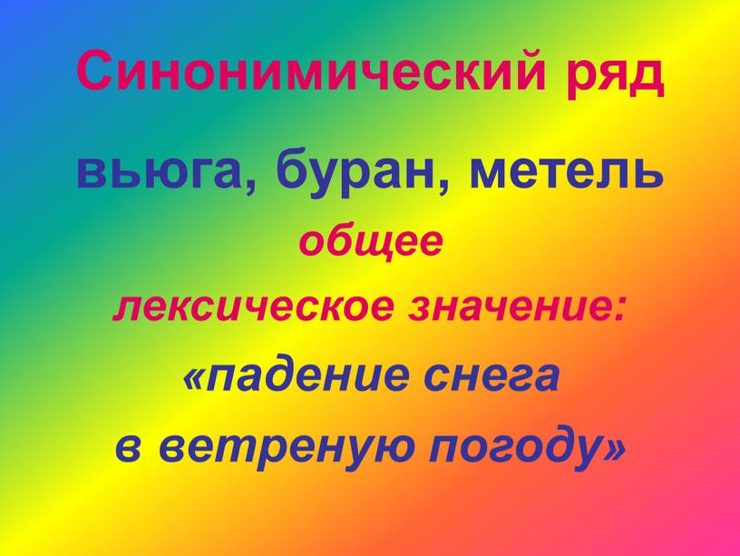 Синонимический ряд вьюга, буран, метель общее лексическое значение: «падение снега в ветреную погоду»