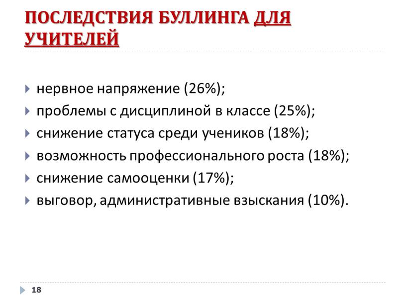 ПОСЛЕДСТВИЯ БУЛЛИНГА ДЛЯ УЧИТЕЛЕЙ 18 нервное напряжение (26%); проблемы с дисциплиной в классе (25%); снижение статуса среди учеников (18%); возможность профессионального роста (18%); снижение самооценки…