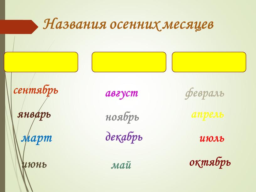 сентябрь январь март июнь февраль апрель июль октябрь август ноябрь декабрь май Названия осенних месяцев