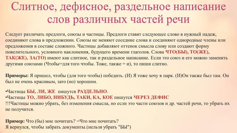 Слитное, дефисное, раздельное написание слов различных частей речи