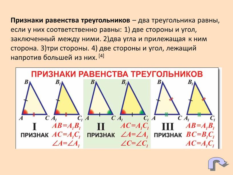 Признаки равенства треугольников – два треугольника равны, если у них соответственно равны: 1) две стороны и угол, заключенный между ними