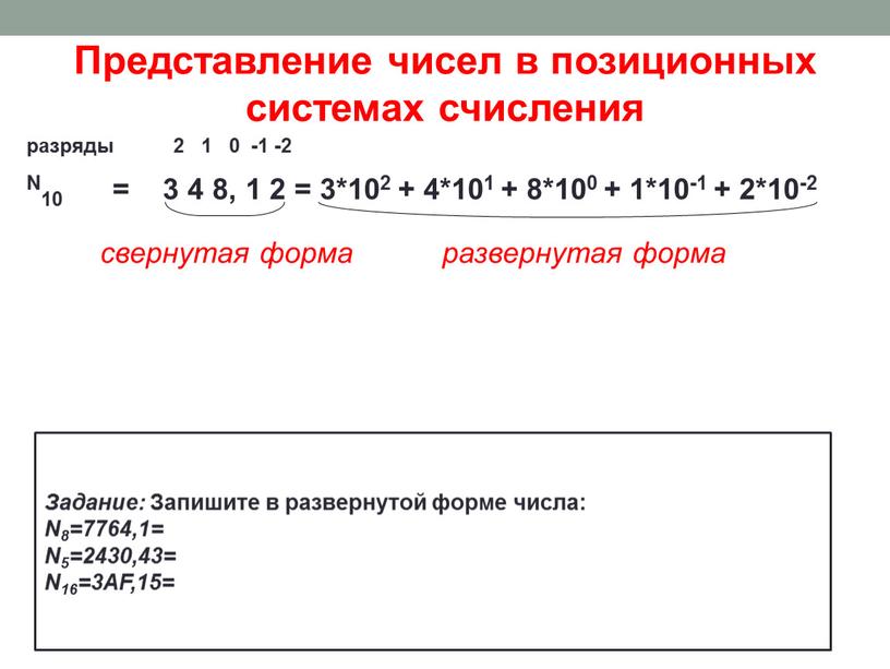 Представление чисел в позиционных системах счисления разряды 2 1 0 -1 -2