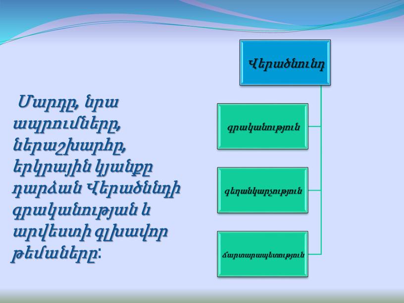 Մարդը, նրա ապրումները, ներաշխարհը, երկրային կյանքը դարձան Վերածննդի գրականության և արվեստի գլխավոր թեմաները ։