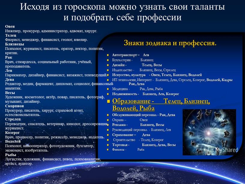 Исходя из гороскопа можно узнать свои таланты и подобрать себе профессии