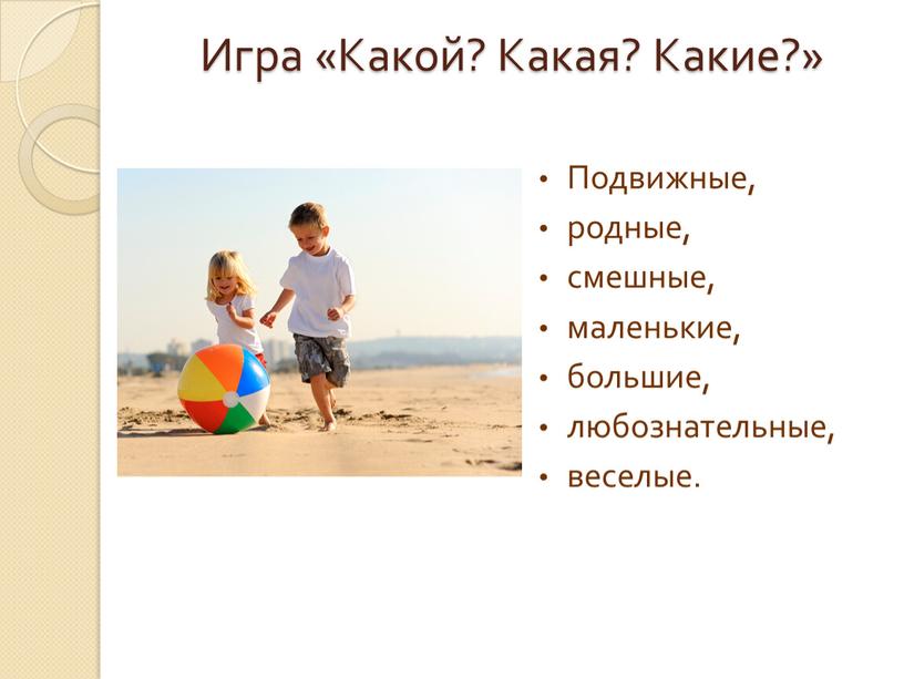 Игра «Какой? Какая? Какие?» Подвижные, родные, смешные, маленькие, большие, любознательные, веселые