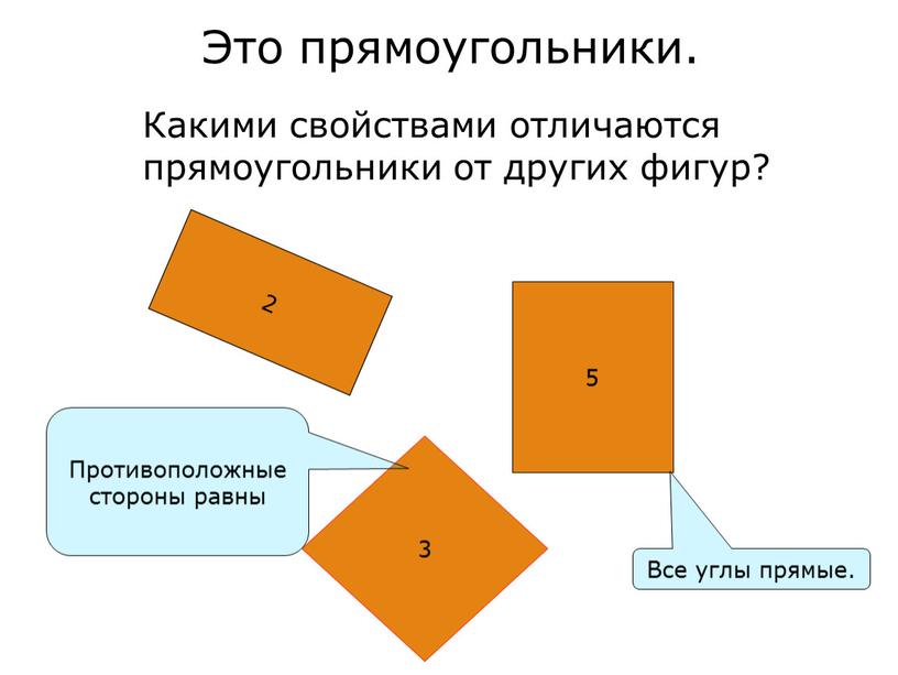 Это прямоугольники. Какими свойствами отличаются прямоугольники от других фигур?