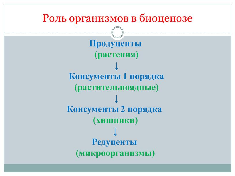 Роль организмов в биоценозе Продуценты (растения) ↓