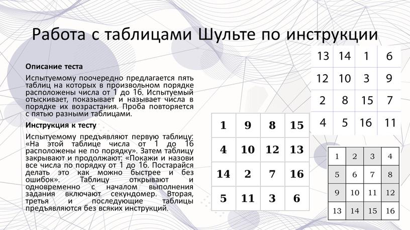 Работа с таблицами Шульте по инструкции