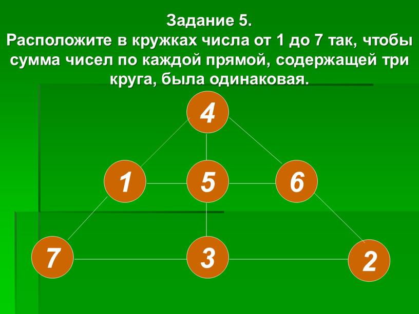 Задание 5. Расположите в кружках числа от 1 до 7 так, чтобы сумма чисел по каждой прямой, содержащей три круга, была одинаковая