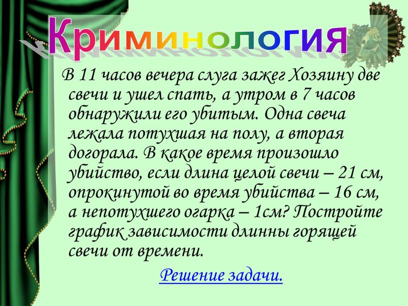 В 11 часов вечера слуга зажег Хозяину две свечи и ушел спать, а утром в 7 часов обнаружили его убитым