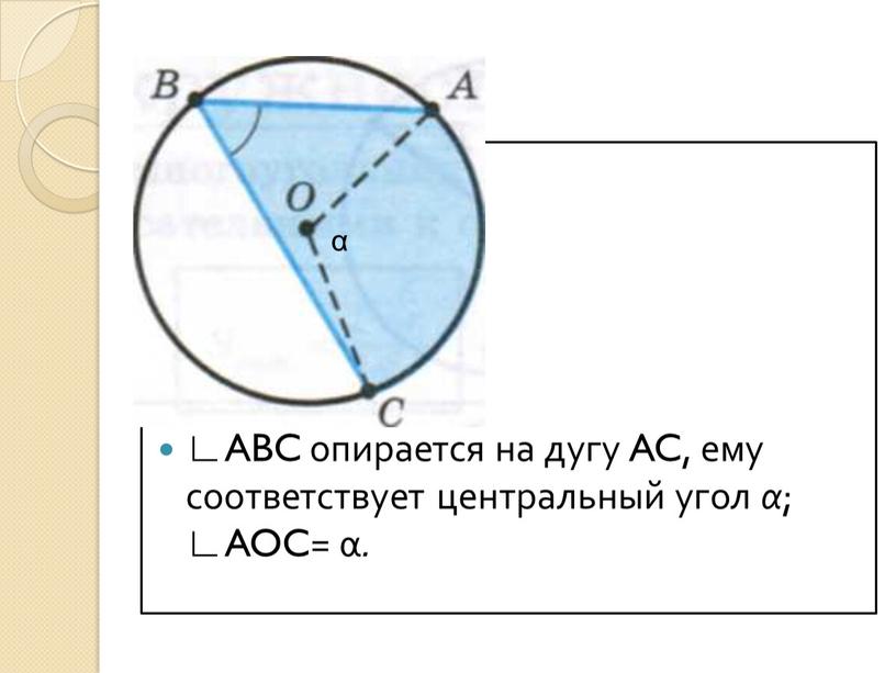ABC опирается на дугу AC, ему соответствует центральный угол α ; ∟AOC= α