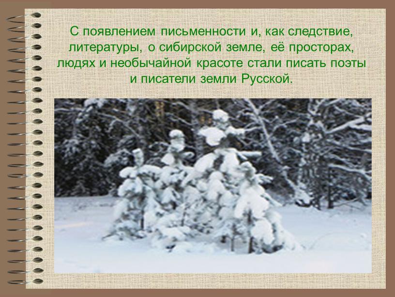 С появлением письменности и, как следствие, литературы, о сибирской земле, её просторах, людях и необычайной красоте стали писать поэты и писатели земли