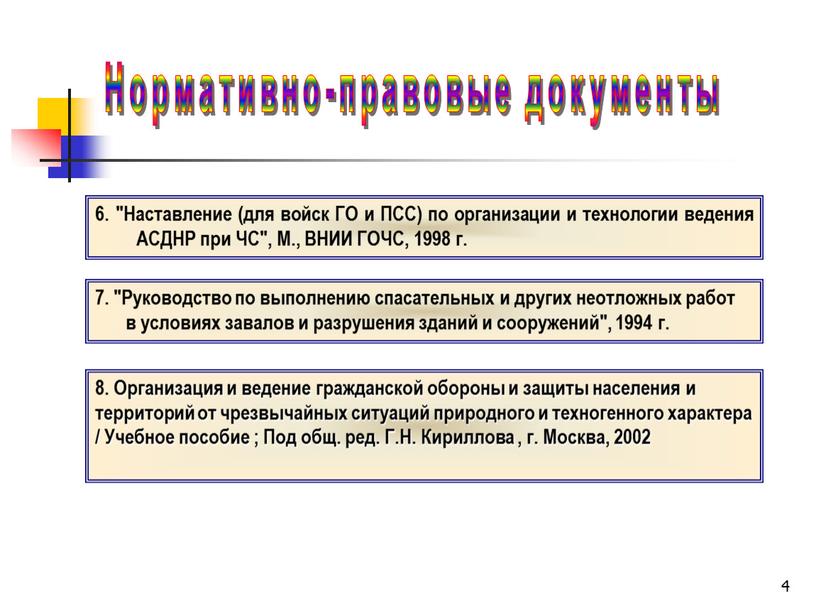 Руководство по выполнению спасательных и других неотложных работ в условиях завалов и разрушения зданий и сооружений", 1994 г