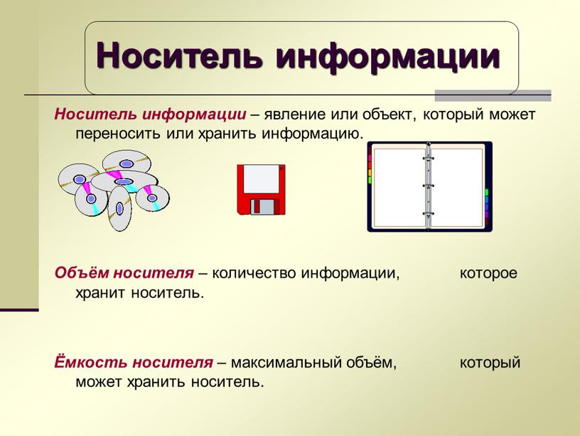 Носитель информации – явление или объект, который может переносить или хранить информацию