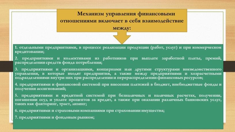 Механизм управления финансовыми отношениями включает в себя взаимодействие между: