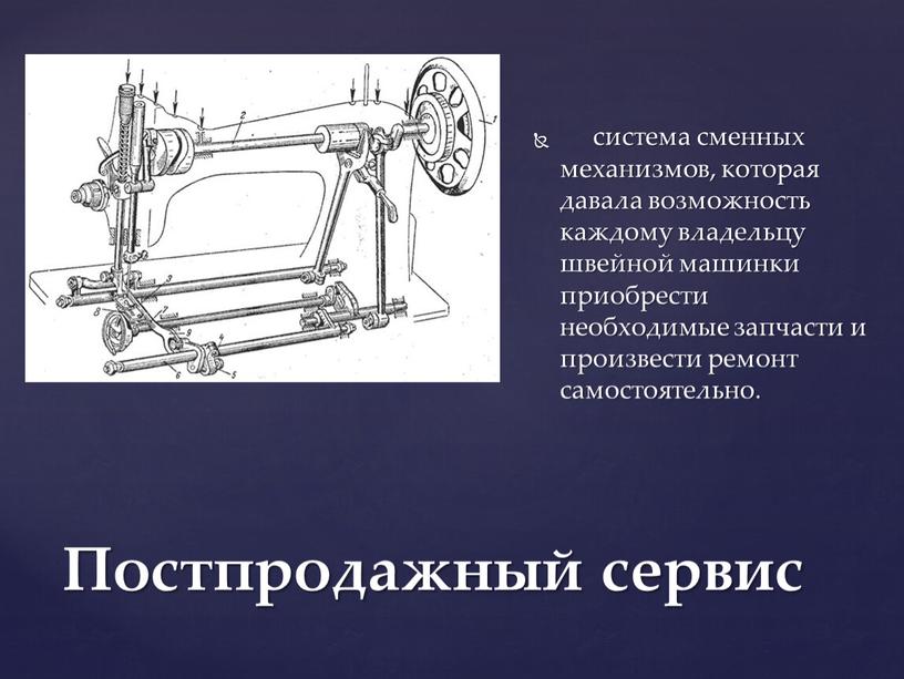 Постпродажный сервис система сменных механизмов, которая давала возможность каждому владельцу швейной машинки приобрести необходимые запчасти и произвести ремонт самостоятельно