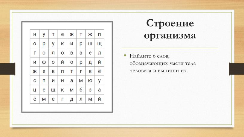 Строение организма Найдите 6 слов, обозначающих части тела человека и выпиши их