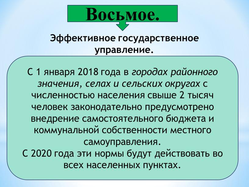 Восьмое. С 1 января 2018 года в городах районного значения, селах и сельских округах с численностью населения свыше 2 тысяч человек законодательно предусмотрено внедрение самостоятельного…