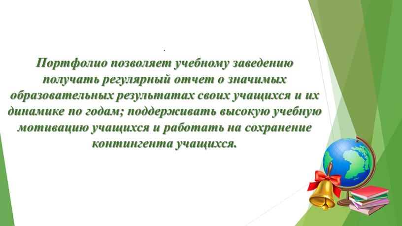 Портфолио позволяет учебному заведению получать регулярный отчет о значимых образовательных результатах своих учащихся и их динамике по годам; поддерживать высокую учебную мотивацию учащихся и работать…