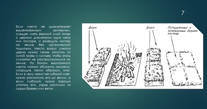 Если место не удовлетворяет вышеназванным критериям, следует снять верхний слой почвы с дерном диаметром один метр или полтора, и разводить костер на земле без органической…