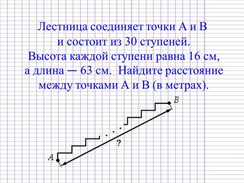 Лестница соединяет точки A и B и состоит из 30 ступеней