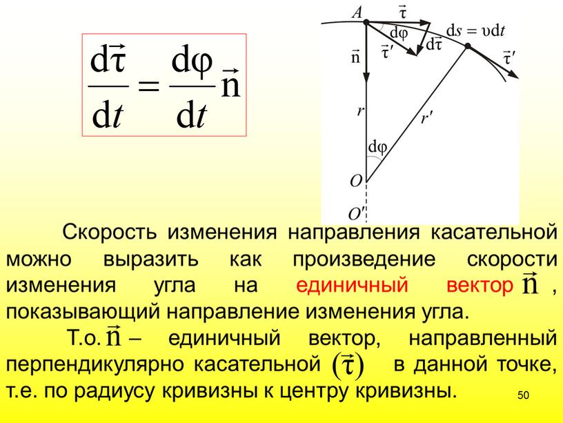 Скорость изменения направления касательной можно выразить как произведение скорости изменения угла на единичный вектор , показывающий направление изменения угла