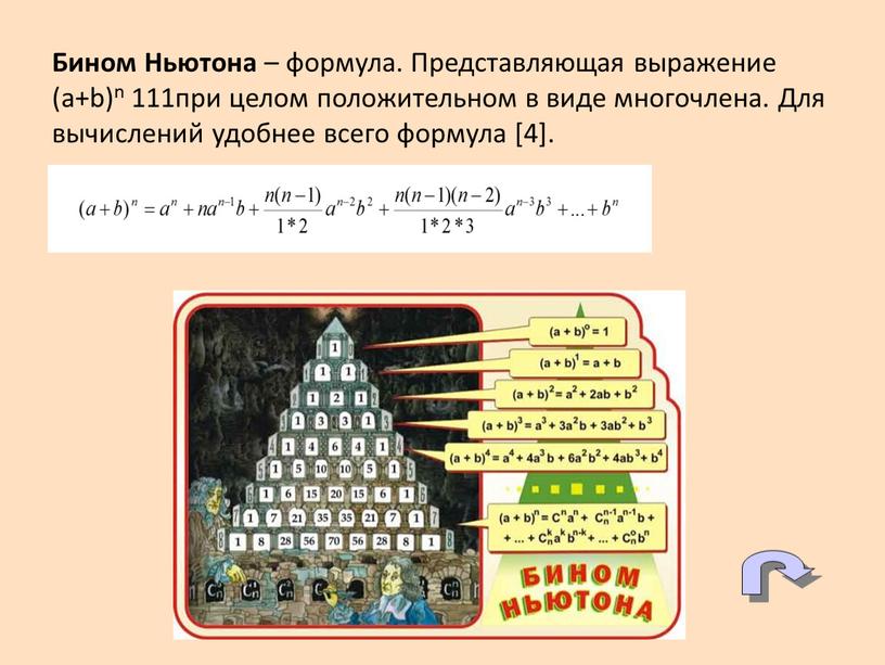 Бином Ньютона – формула. Представляющая выражение (a+b)n 111при целом положительном в виде многочлена