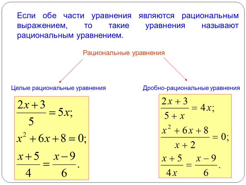 Если обе части уравнения являются рациональным выражением, то такие уравнения называют рациональным уравнением