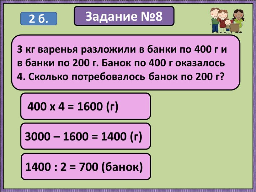 Задание №8 400 х 4 = 1600 (г) 3 кг варенья разложили в банки по 400 г и в банки по 200 г