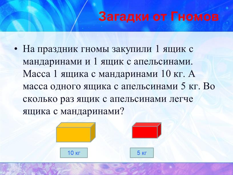 Загадки от Гномов На праздник гномы закупили 1 ящик с мандаринами и 1 ящик с апельсинами