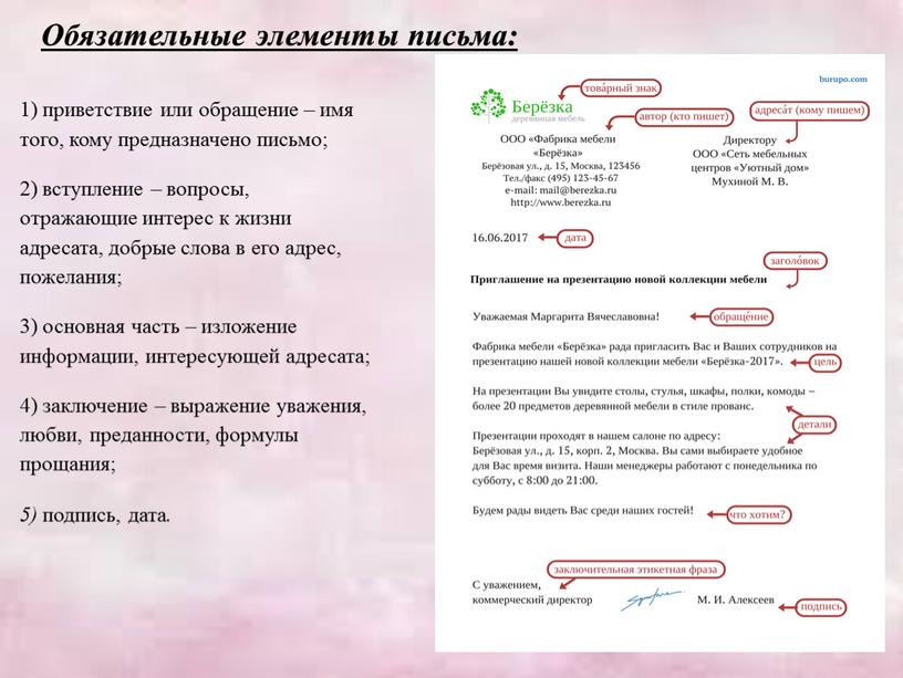 1) приветствие или обращение – имя того, кому предназначено письмо; 2) вступление – вопросы, отражающие интерес к жизни адресата, добрые слова в его адрес, пожелания;…