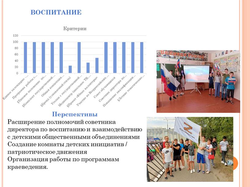 ВОСПИТАНИЕ Перспективы Расширение полномочий советника директора по воспитанию и взаимодействию с детскими общественными объединениями