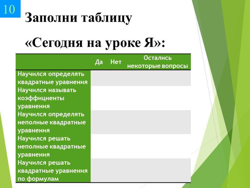 Заполни таблицу «Сегодня на уроке