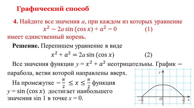 Графический способ 4. Найдите все значения a , при каждом из которых уравнение 𝑥 2 𝑥𝑥 𝑥 2 2 𝑥 2 − 2 a sin…