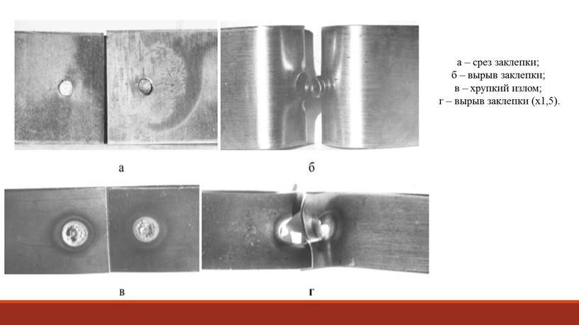 а – срез заклепки; б – вырыв заклепки; в – хрупкий излом; г – вырыв заклепки (х1,5).