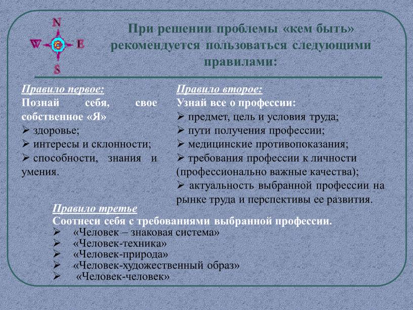 При решении проблемы «кем быть» рекомендуется пользоваться следующими правилами: