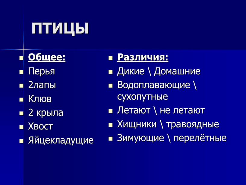 ПТИЦЫ Общее: Перья 2лапы Клюв 2 крыла