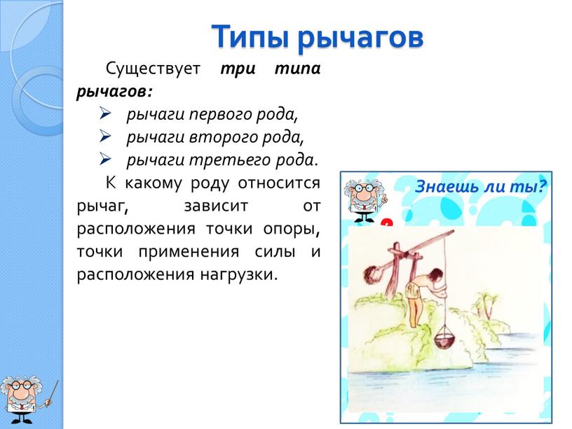 Типы рычагов Существует три типа рычагов: рычаги первого рода, рычаги второго рода, рычаги третьего рода