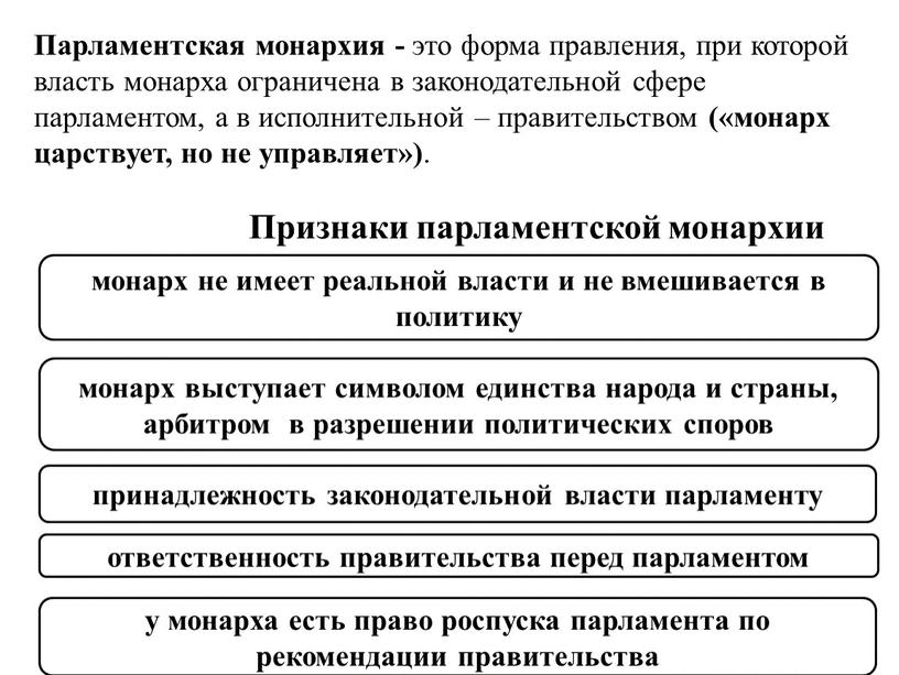 Парламентская монархия - это форма правления, при которой власть монарха ограничена в законодательной сфере парламентом, а в исполнительной – правительством («монарх царствует, но не управляет»)